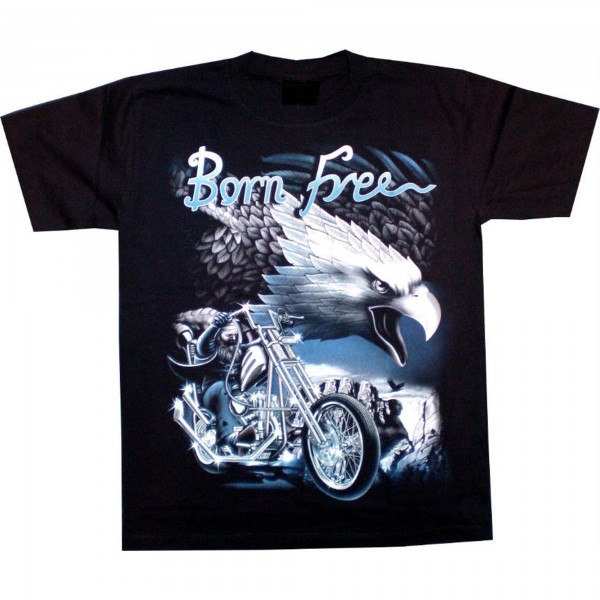 T-Shirt Erwachsene - Adler mit Motorrad und Biker Born free blau - Glow