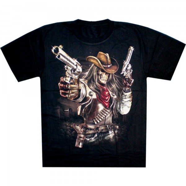 T-Shirt Biker unisex - Western Totenkopf mit zwei Pistolen