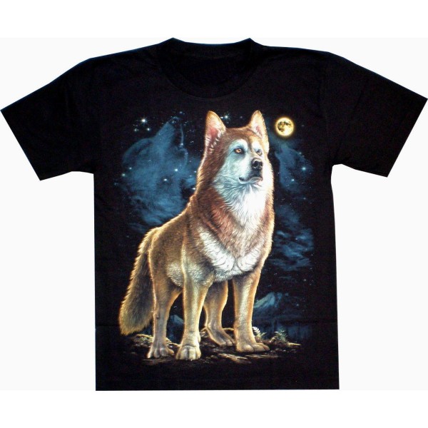 T-Shirt Biker unisex - Stehender Wolf mit Mond oben rechts - Glow in the dark (leuchtet im Dunkeln)