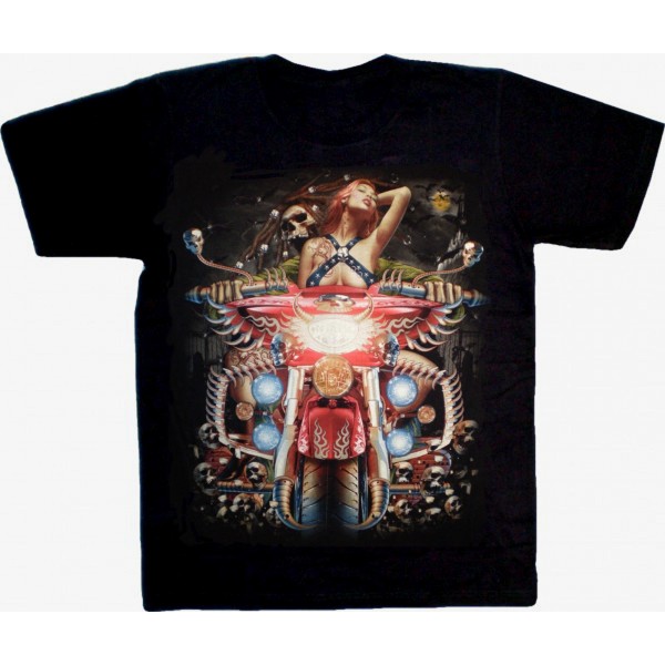 T-Shirt Biker unisex - Girl auf Motorrad - Glow in the dark (leuchtet im Dunkeln)